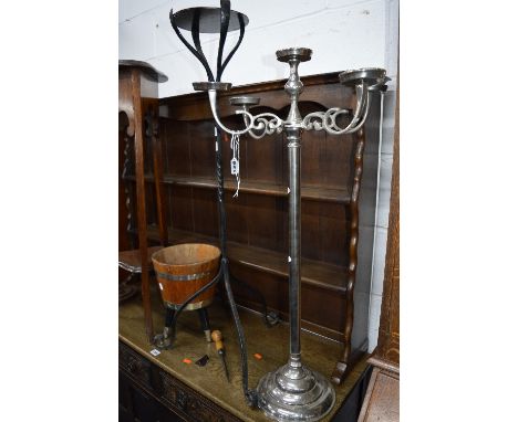 A CHROME FOUR BRANCH CANDLE STAND, an oak plant stand, coopered planter on legs, wrought iron plant stand, etc (6)