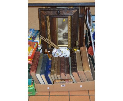 A SMALL BOX OF BOOKS TOGETHER WITH A PICTURE, frames, brass lamp base and two ceramic items