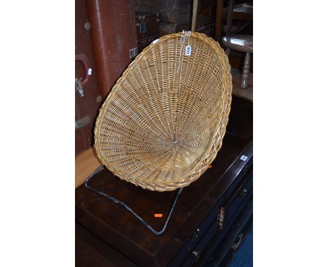 A WICKER DOLLS CHAIR, on a metal frame, painted wall shelf, in the style of a trunk, an oak occasional table, another occasio