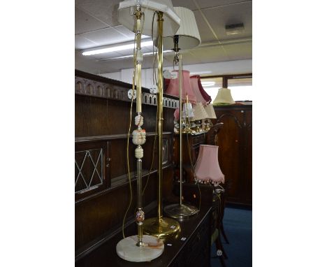 TWO BRASS STANDARD LAMPS, and a brass and onyx standard lamp (3)