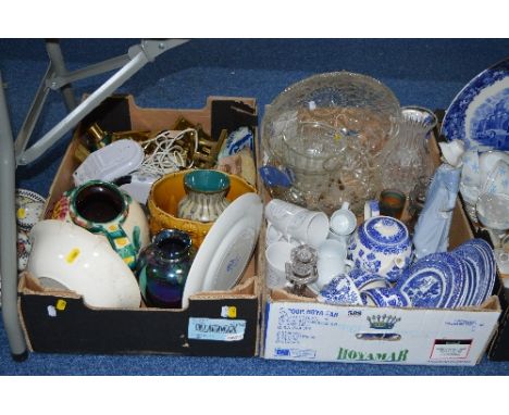 TWO BOXES AND LOOSE CERAMICS, GLASS, DOOR FURNITURE, SOHO POTTERY COBRIDGE DRESSING TABLE SET, ETC to include NAO figurine