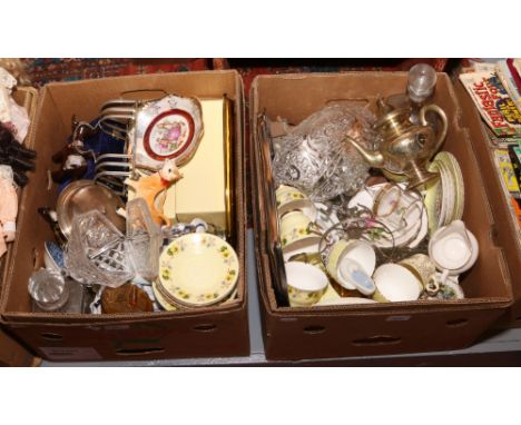 Two boxes of miscellaneous to include silver plate, glass decanters, ceramic teawares etc.