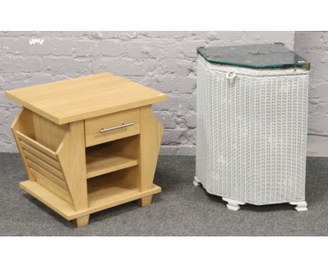 A light oak coffee table / magazine rack with single drawer, along with a Lloyd loom linen box.