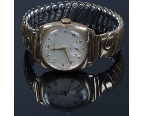A gentleman's 9ct gold cased Vertex manual wristwatch on gold plated expanding strap with applied even Arabic numeral markers