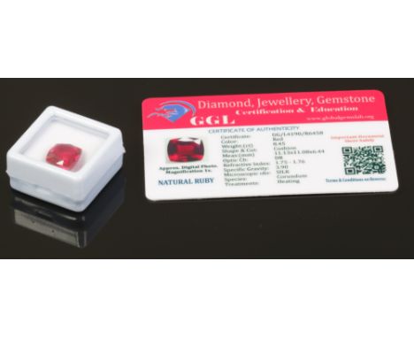 A ruby, cushion cut, with heated treatment, 8.75ct with certificate.