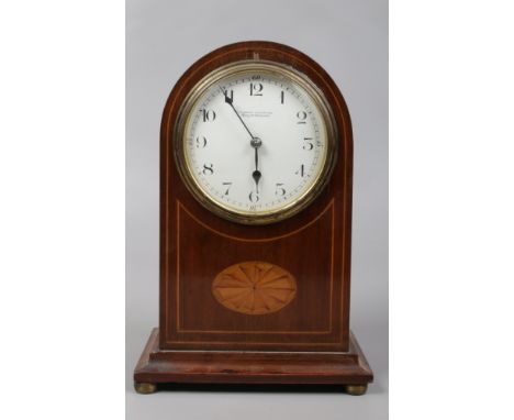 An early 20th century mahogany cased dome top mantle clock with boxwood strung inlay and white enamel dial, marked Thurlow Ch