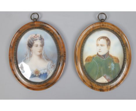 A pair of late 20th century ivory portrait miniatures of Emperor Napoleon bonaparte and Josephine in oval tortoiseshell frame