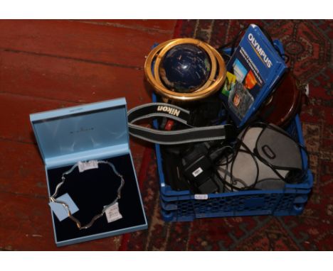 A group of collectables to include cameras, rabone tape measure, Newbridge silverware necklace, globe on stand etc.