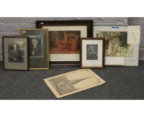 A collection of pictures and photographs to include Franz Hanfstaengl print, G Steer sketch of Rotherham Parish Church etc.