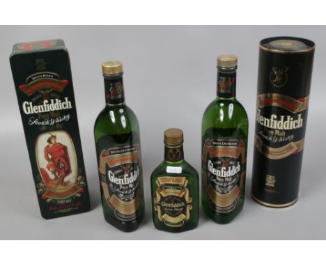 Three bottles of Whisky; two 700ml bottles of Glenfiddich Scotch Whisky full, sealed and boxed and one 8.5fl oz bottle.