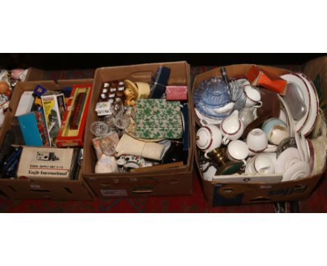 Three boxes of miscellaneous to include railway, thimbles, glassware, flatwares, ceramic teawares etc.