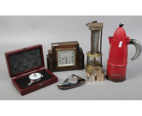 A group of collectables to include miners brass clanny lamp, silver napkin rings, oak mantle clock etc.
