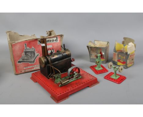 A Mamod twin cylinder super heated model steam engine complete with vaporising spirit along with a Mamod boxed miniature poli