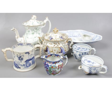 Three pieces of Rockingham including a single spur teapot printed with seaweed, along with a pearlware loving cup possibly Yo