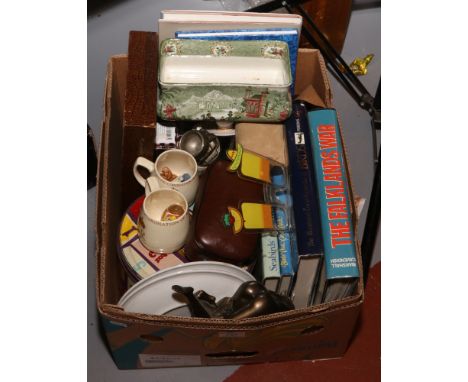 A box of miscellaneous to include Polaroid IE826 digital camera, bird books, cased cutlery etc.