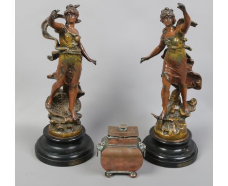 After L &amp; F Moreau (French) a pair of bronzed spelter figures titled La Perte and La Fortune (Height 40cm) along with a c