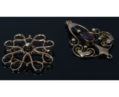 A 9ct gold openwork black enamel and solitaire diamond pendant and another Edwardian style 9ct gold and garnet pendant, gross