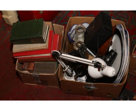 Two boxes including books early 20th century household management and collectables including Spong &amp; Co. mincers, two ang