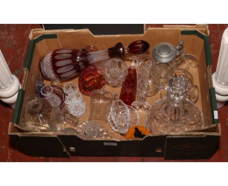 A box of assorted glassware including ruby flash decanter, paperweights and Babycham glasses etc.