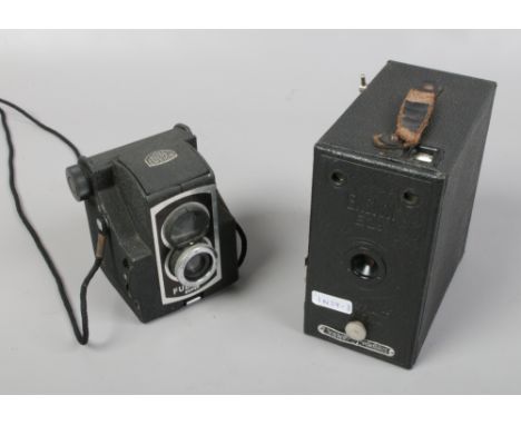 Two vintage cameras. An Ensign E29 portrait box camera and a Ful - Vue super box camera.