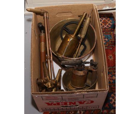 A box of metalwares to include jam pan, spitjack, sievert blow lamp, Harry Mason beer taps etc.