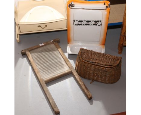 A basketware fishing creel, a French enamel wall mounting vanity stand and a rubbing board.