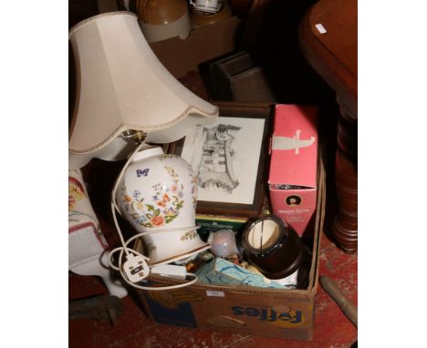 A box of miscellaneous to include punch bowls, Corgi Basil Brush car, Aynsley, lamp, ceramic dogs, brass mounted magazine rac
