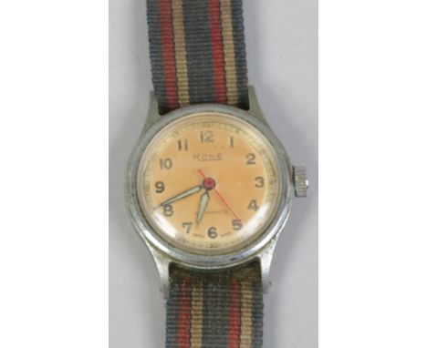 A Rone non magnetic manual wristwatch with centre seconds, Arabic numeral markers and screw down stainless steel caseback.