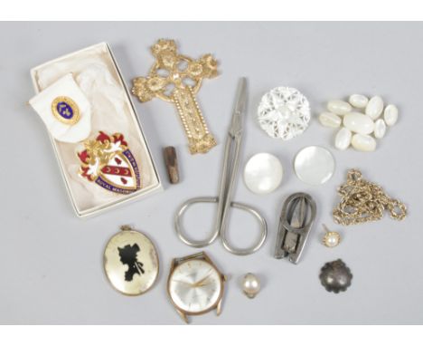 A box of jewellery and collectables to include Royal Masonic Institution for Girls badge, manual Regency watch head, yellow m