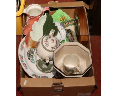 A box of mixed crockery, including Royal Winton, Carltonware, Wedgwood jasperware and Adams Cries of London vase etc.