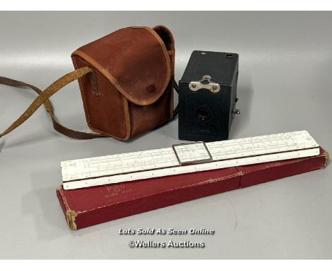 Kodak Brownie no.127 and P.I.C. slide rule no.121 in original box / AN42 