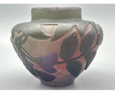 Emile Galle (1846-1905) A small French Art Nouveau vase, of layered glass, dark green glass flowers with purple petals over p