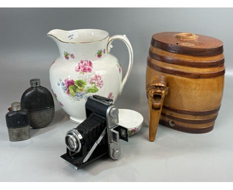 Epsilon Selfix 820 vintage folding camera, two glass &amp; pewter hip flasks, carved nutcracker, J.Stiff London pottery barre
