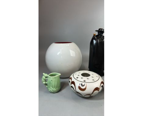 Assorted items including a heavy round white glass vase with red interior, Wedgewood "Sandeman Don" bottle, Wedgewood black v