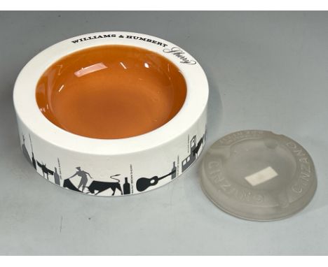 A Burleigh ware Williams &amp; Humbert Sherry ceramic ashtray, 18.5cm diameter and small frosted glass Cinzano ashtray, 10cm 