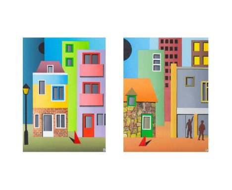 Mark BROOKS (1957-2023, Outsider Artist) Two Works from the Black Moon Street Series Acrylic on canvas board, signed with ini