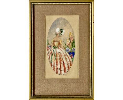 A postage-stamp mixed media collage signed Dorian(?) Sibley dated 1936 with interesting text verso 'Under the patronage of Qu