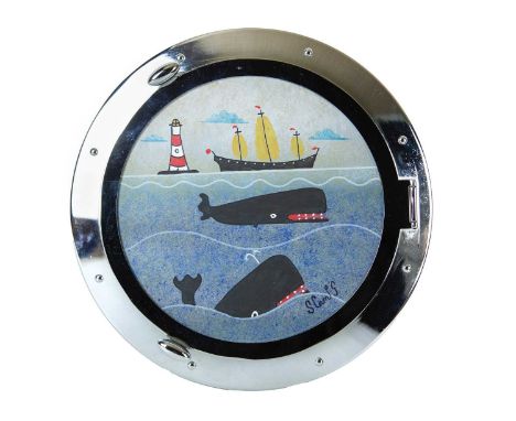 Stephen CAMPS (1957) Whales Through The Porthole Window Oil on board, signed, 24.5cm in diameter, 34.5cm in diameter framed.