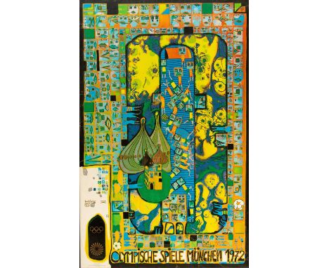 Munich Olympics 1972 Poster Printed in Germany for Kennedy Graphics, Inc, reproduced poster of the Hundertwasser original gra