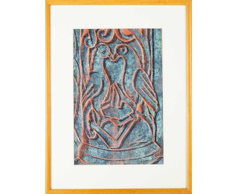 Biddy HOLDEN (1920-2017) Birds from Doorway, Kilpeck Church, Herefordshire Lithoprint, signed, 29.5cm x 19cm, 42cm x 32cm fra