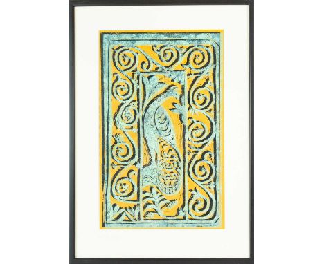 Biddy HOLDEN (1920-2017) Peacock Double linoprint, signed within plate, 37.5cm x 23.5cm, 50cm x 35cm framed.
 
Bridget (Biddy
