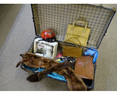 VINTAGE TRAVEL TRUNK &amp; CONTENTS including a Jones Meccano sewing maching, toy Harley Davidson motorcycle helmet ETC