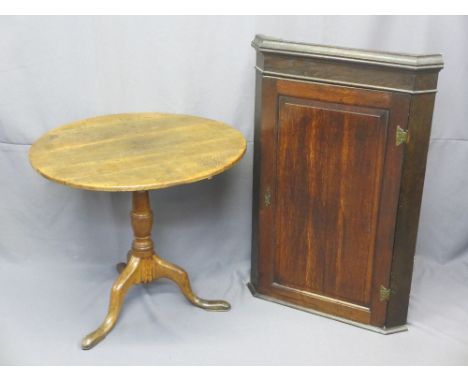 TWO ANTIQUE OAK FURNITURE ITEMS including a wall hanging corner cupboard with single chamfered panel door and interior shaped