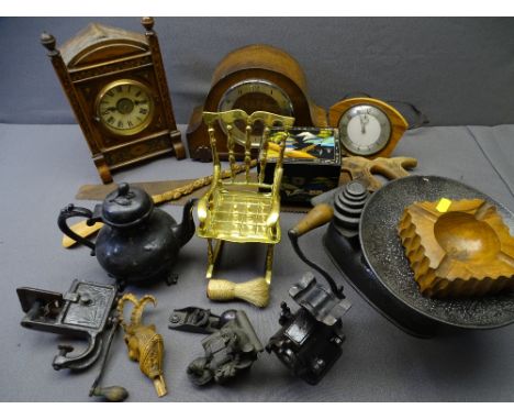VINTAGE KITCHENALIA, clocks and tools ETC including a miniature wood plane stamped '100', within two plastic crates