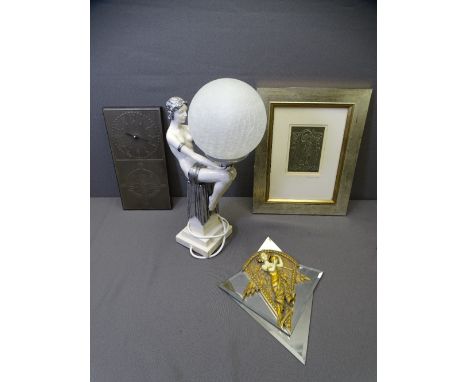 ART DECO/ART NOVEAU COLLECTABLE REPRODUCTIONS including a figural globe table lamp, small wall mirror, pewter front wall cloc