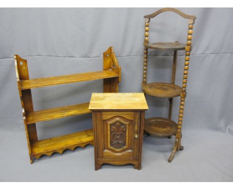 THREE VINTAGE OCCASIONAL FURNITURE ITEMS including a small single door cabinet with carved detail, a three shelf open rack an