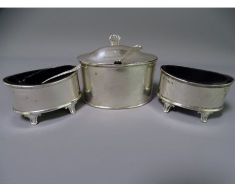 CHESTER PAIR OF SALT SELLERS 1919 Haseler Brothers and a large similar shape, thumb lift lid mustard pot, London 1909, makers