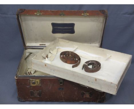VINTAGE TRAVEL TRUNK, brass mounted with leather straps and carry handles, an interior lift-out tray, Pukka luggage label to 