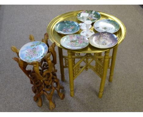 FOLDING BRASS TOP TABLE, planter stand with a small quantity of collector's china including a pair of Coalport floral decorat