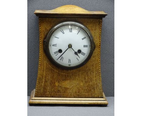 VINTAGE OAK MANTEL CLOCK now with battery quartz movement, 30cms H, 24.5cms W